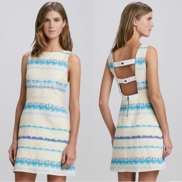 Alice + Olivia 2 Mini Dress Cream Blue Stripes Sleeveless Cut Out Xs Everleigh